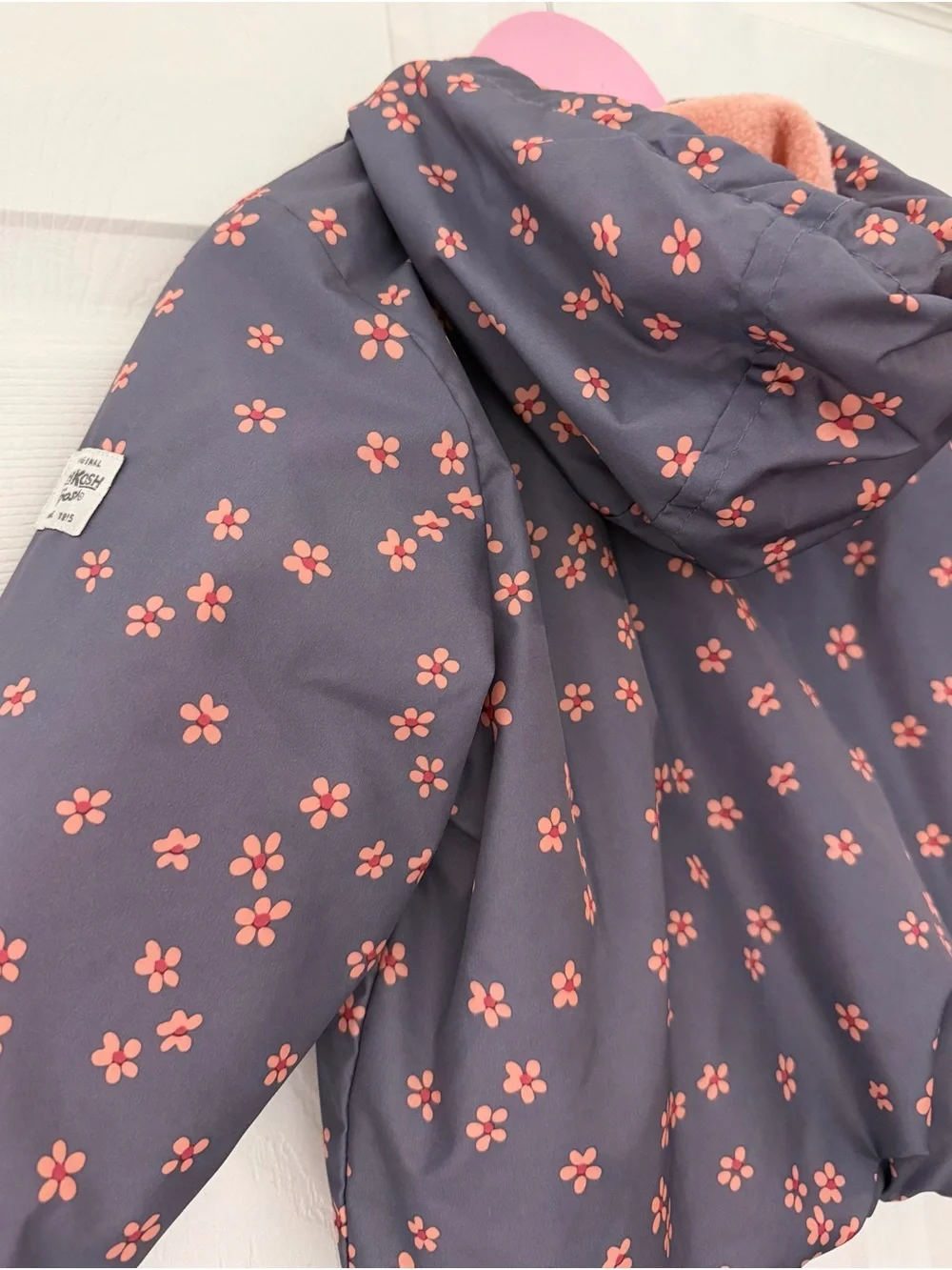 OshKosh B'gosh Gray Hooded Puffer Jacket with Pink Floral Print